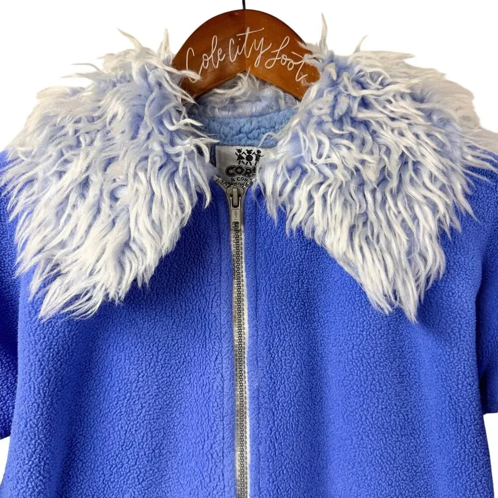 Corky & Company Jacket & Hat Set Vintage Blue Girls M/L Shaggy Faux Fur Trim